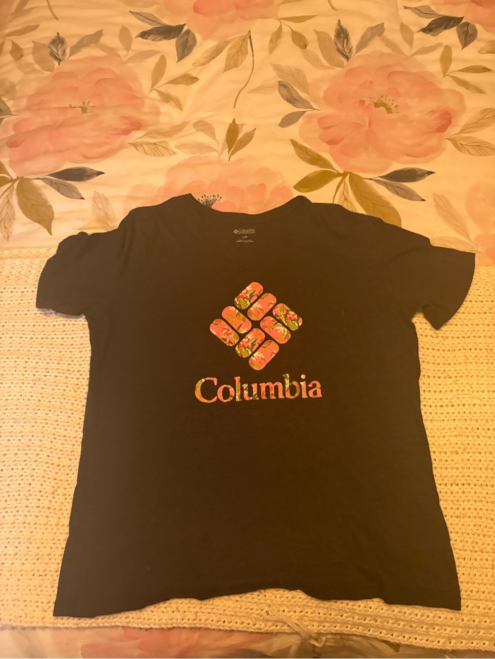 Columbia Black Tee with Coral Floral Logo